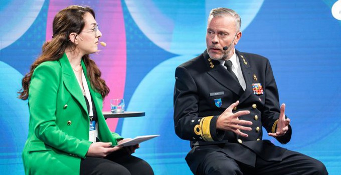 Admiral Rob Bauer, Chair of the NATO Military Committee with moderator Federica Mangiameli from GLOBSEC. Photo: Anders G Warne.