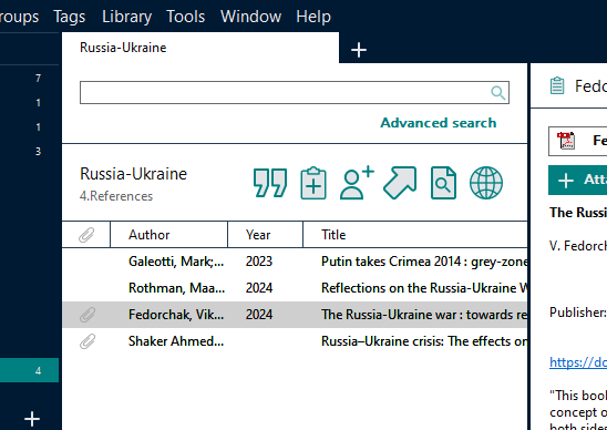 Endnote interface middle section